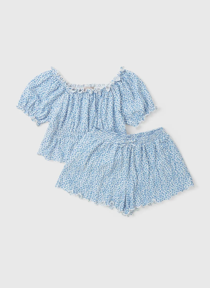 Matalan Girls Blue Floral Ditsy Crinkle Top & Short Set